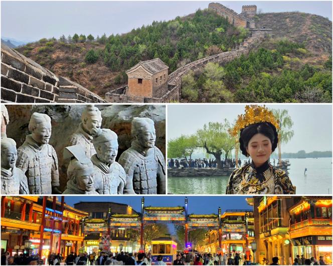 China, collage met Grote Muur, Terracottakrijgers, traditionele kledij en Beijing by night